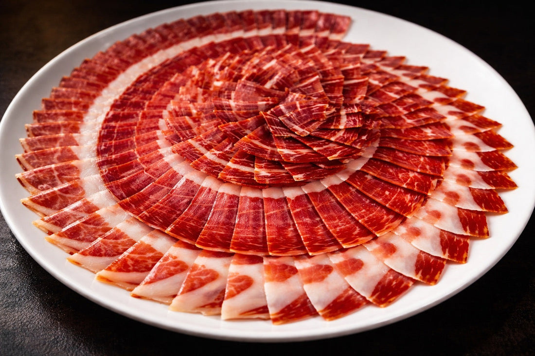 Jamón ibérico cortado a cuchillo servido en abanico sobre un plato blanco